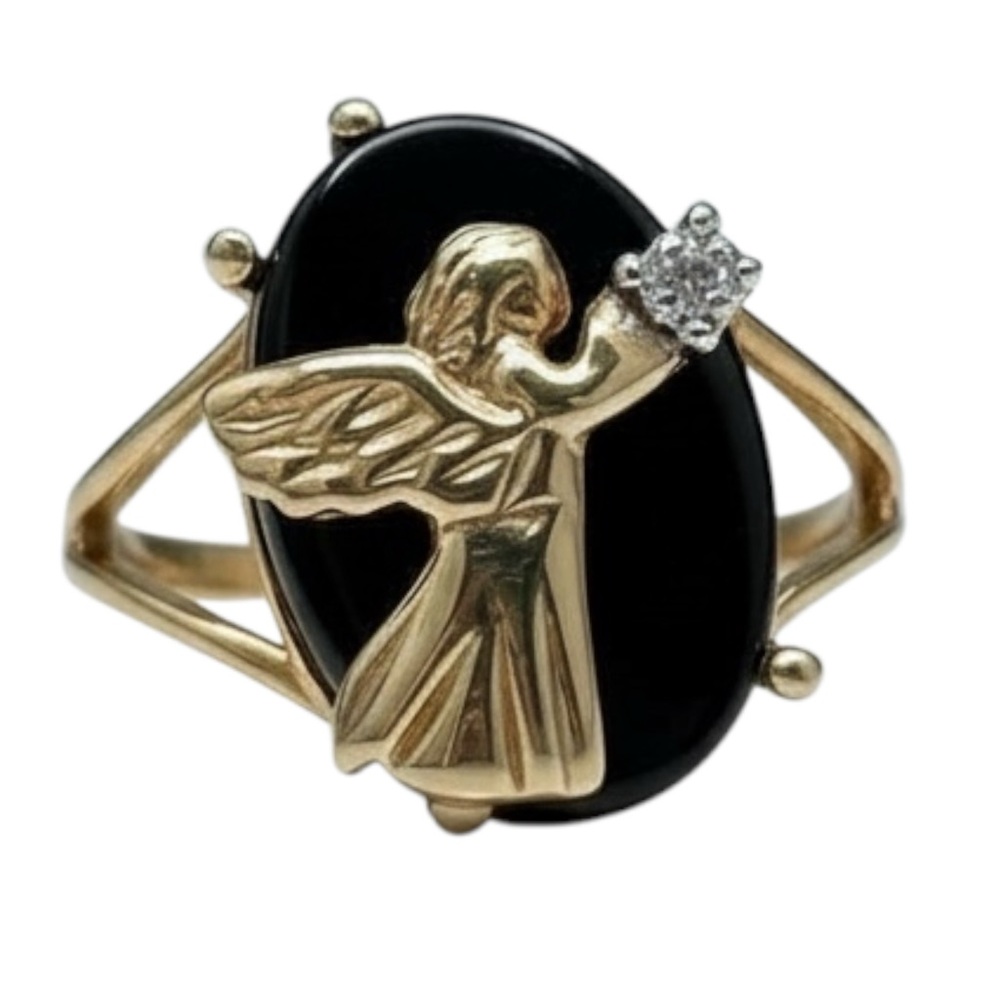 VTG Black Onyx 10k Gold Diamond Angel Ring sz 4.5